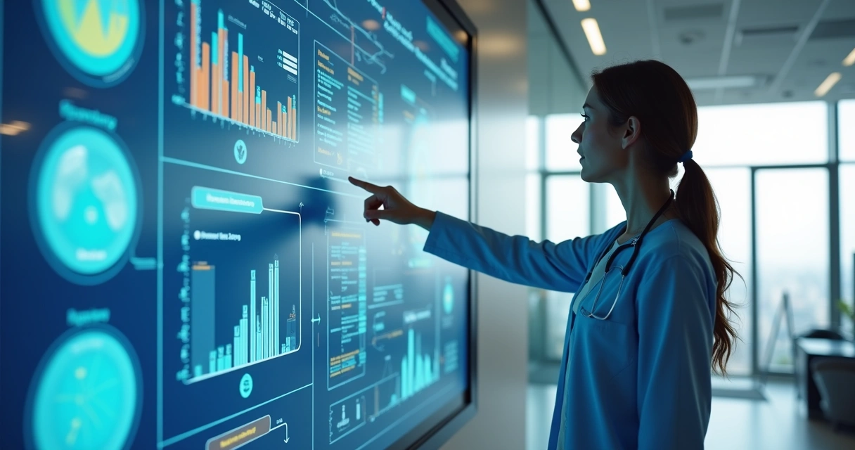 Painel digital mostra automação de processos em clínica com gráfico colorido 
