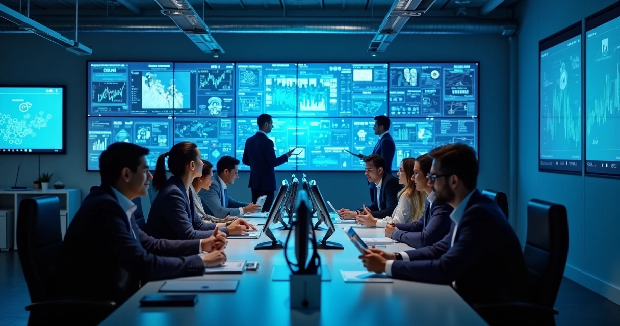 Equipe utilizando automação em vendas em painéis digitais 