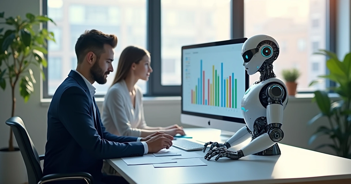 Robô digital mostrando gráficos financeiros na tela ao lado de um contador 