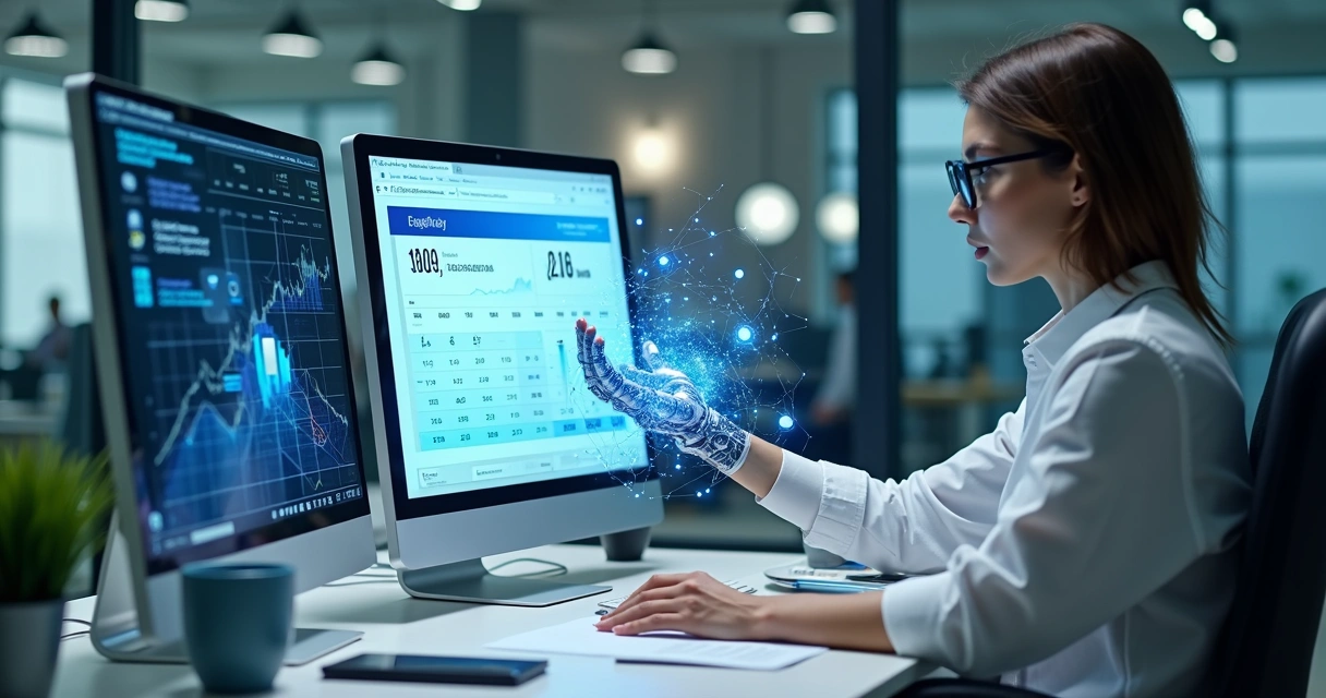 Robô digital ajudando contador na automação de processos em feriado 