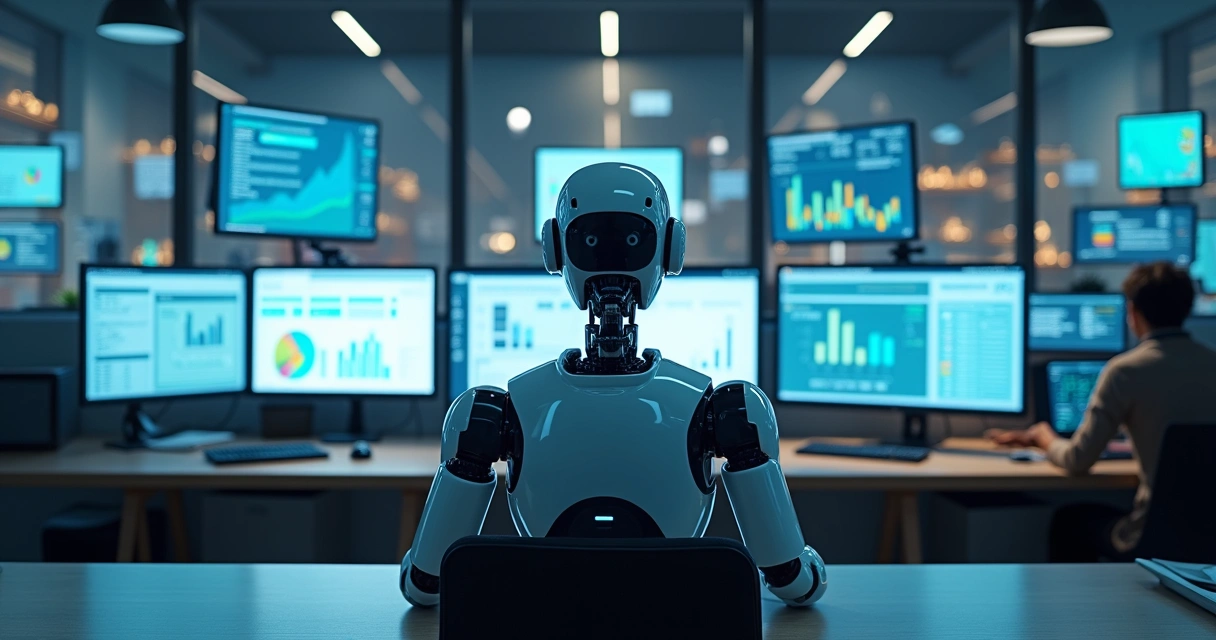 Robô digital analisando relatórios em computadores conectados em rede 