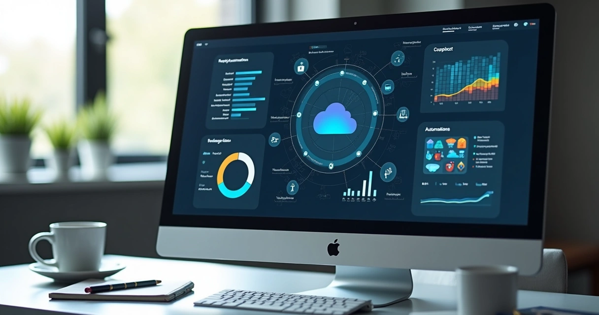 Dashboard digital mostrando automação de processos corporativos. 
