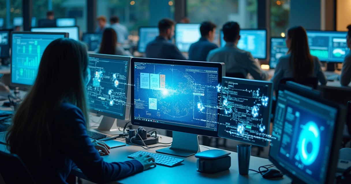 Fluxo automatizado de tarefas com ícones de robôs e documentos 