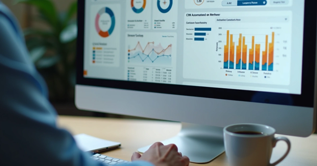 Ferramenta de automação e CRM exibindo gráficos e contatos qualificados na tela do computador