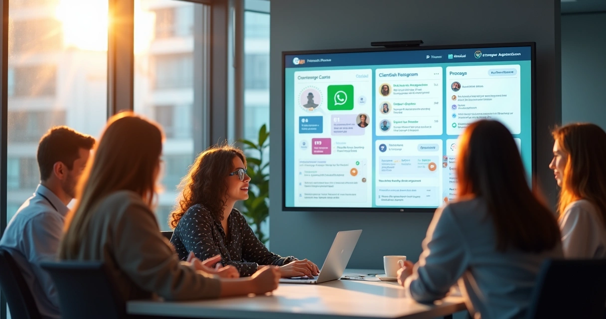 Equipe analisando tela de software de CRM com integração ao WhatsApp em ambiente moderno