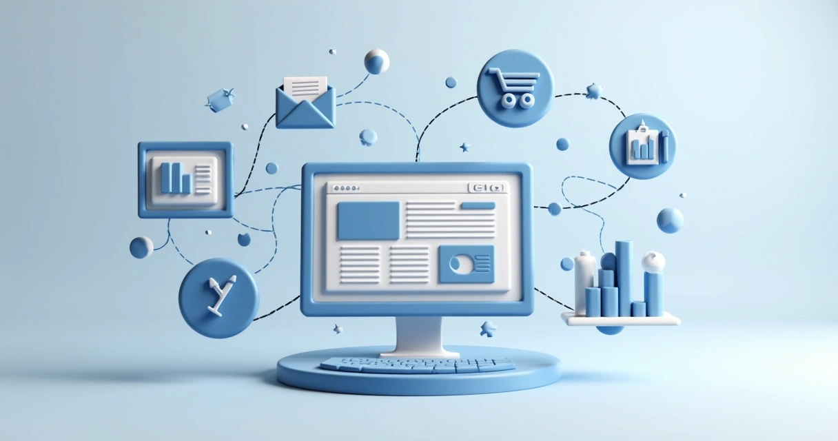 Fluxo de automação digital em site de empresa com ícones de tarefas 