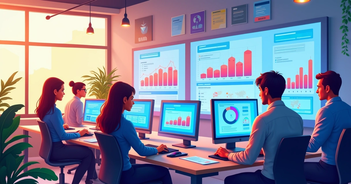 Equipe diversa em um escritório moderno, colaborando em processos automatizados e gráficos de produtividade.