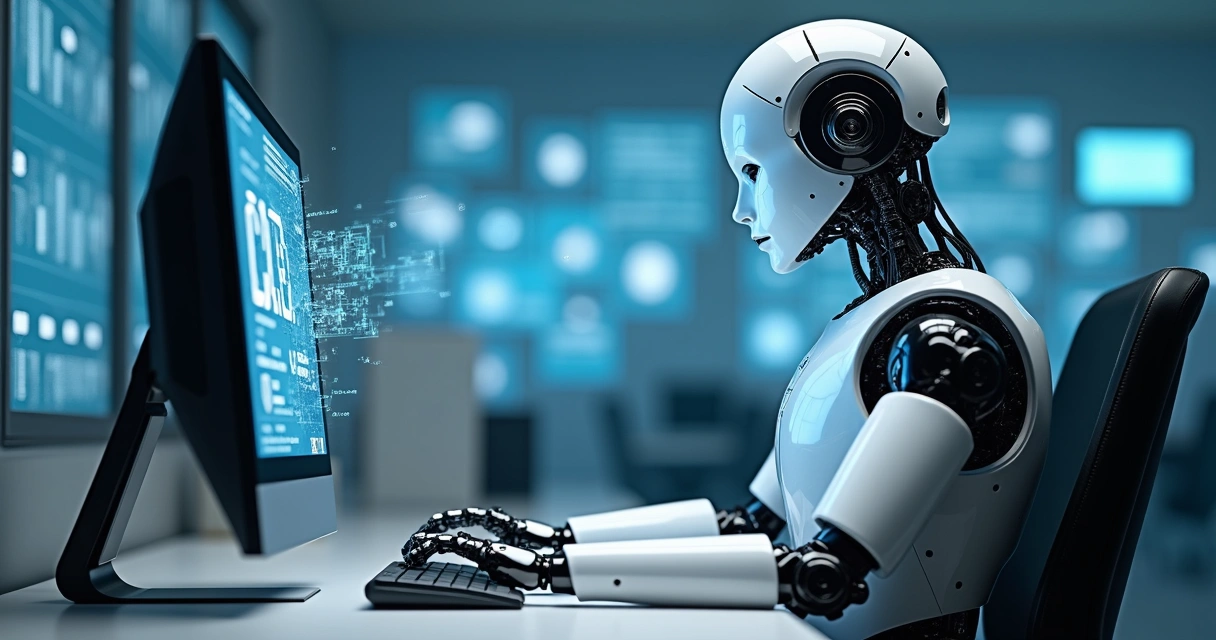 Robô virtual interagindo com computador e documentos digitais 