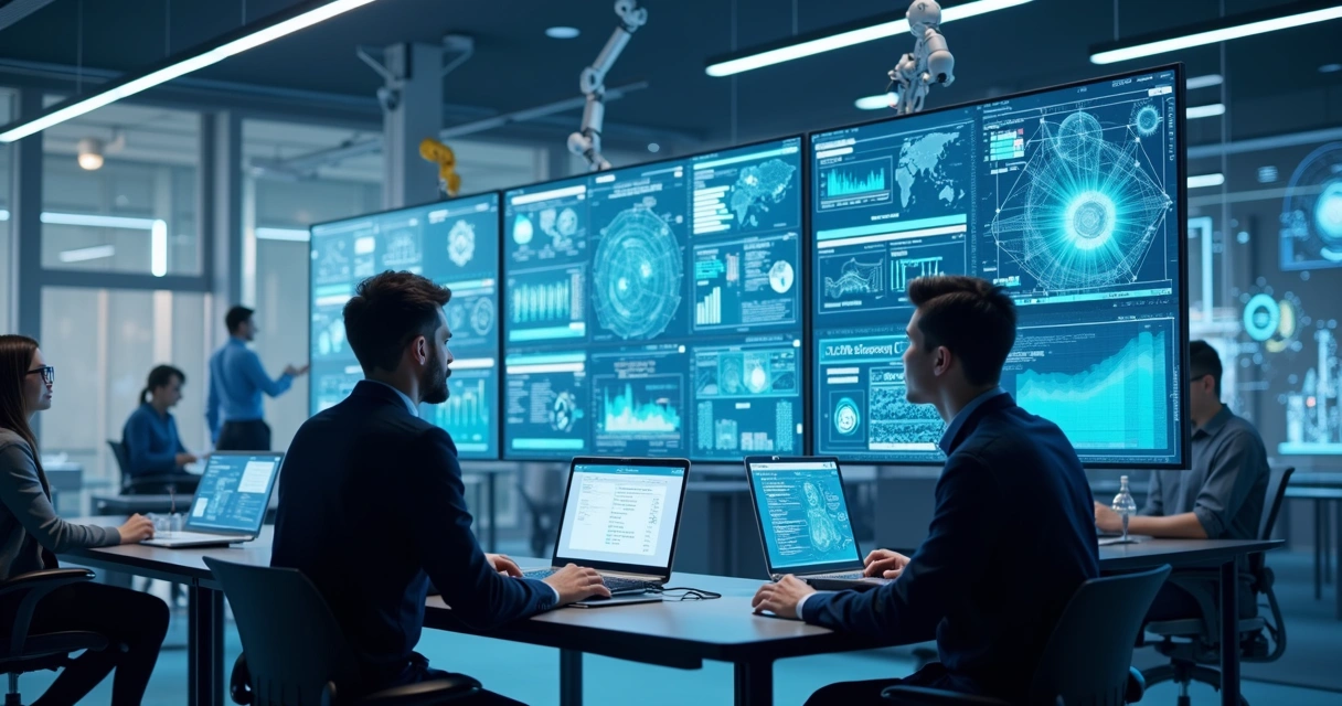 Automação de processos em uma empresa, com software e pessoas interagindo 