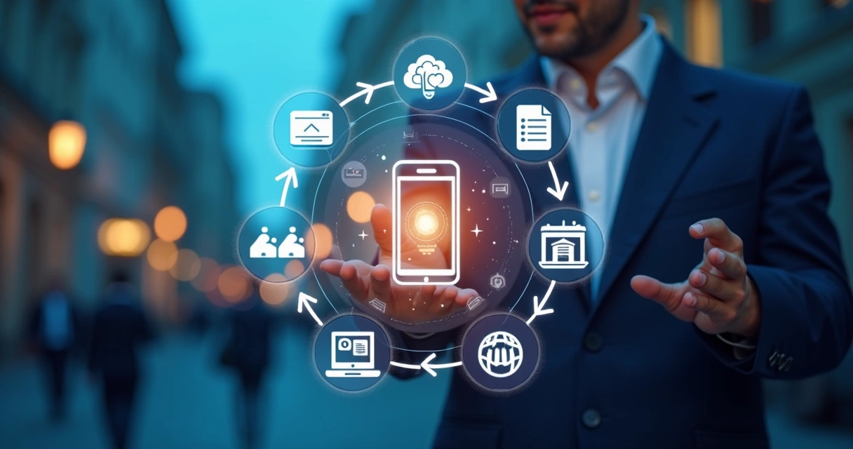Digital automation flow with icons representing process stages around a smartphone. 