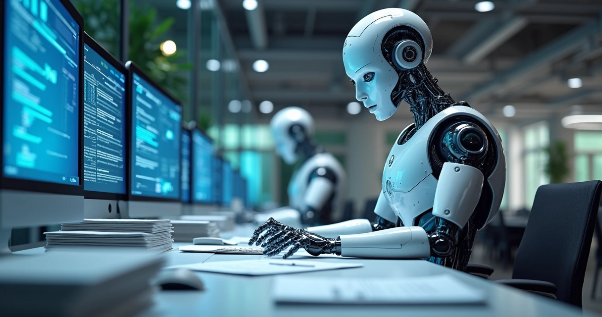 Robô digital interagindo com documentos em um escritório moderno 