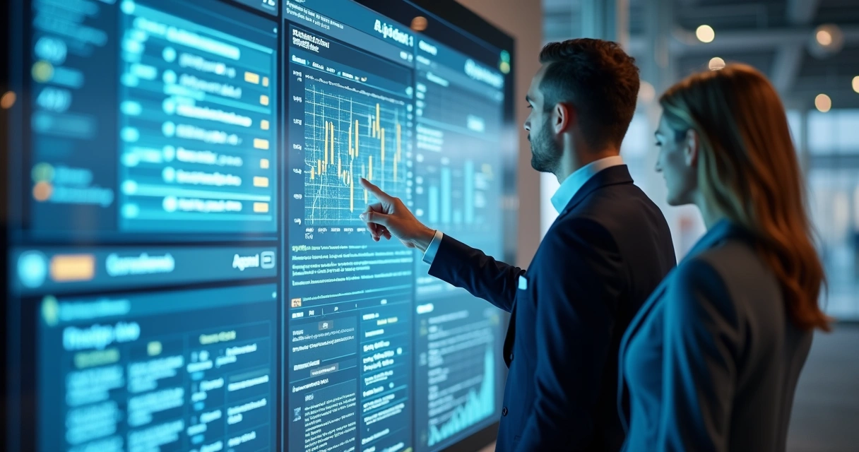 Agente digital analisando documentos em ambiente corporativo 