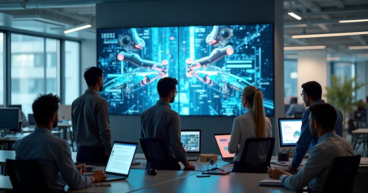 Equipe observando automação de processos na tela 