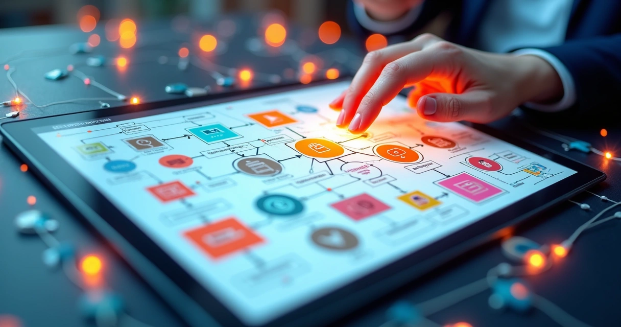 Ilustração de automação de processos em tela digital com fluxos conectados