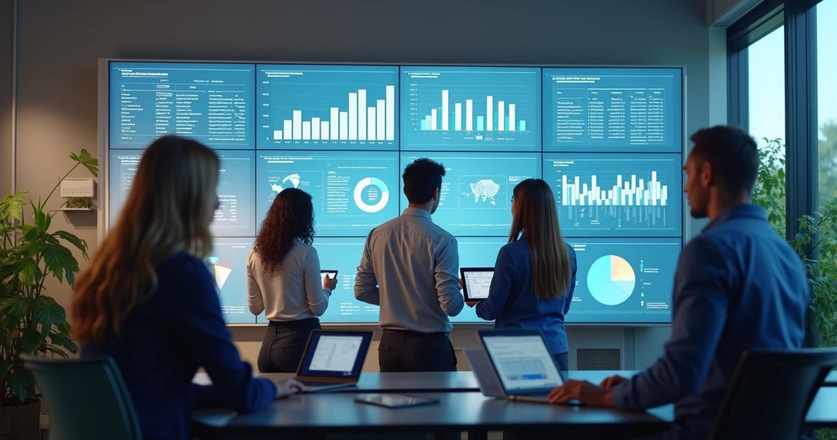 Equipe administrativa analisando painel digital com dados 