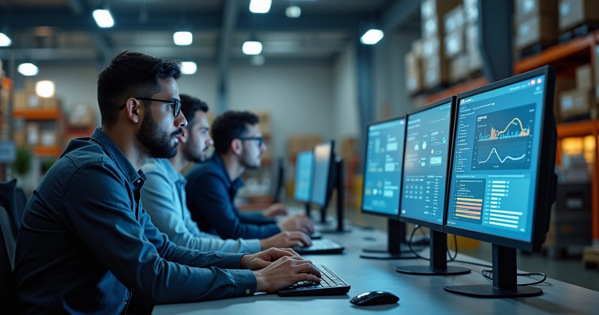 Equipe de logística usando computador para automatizar tarefas 