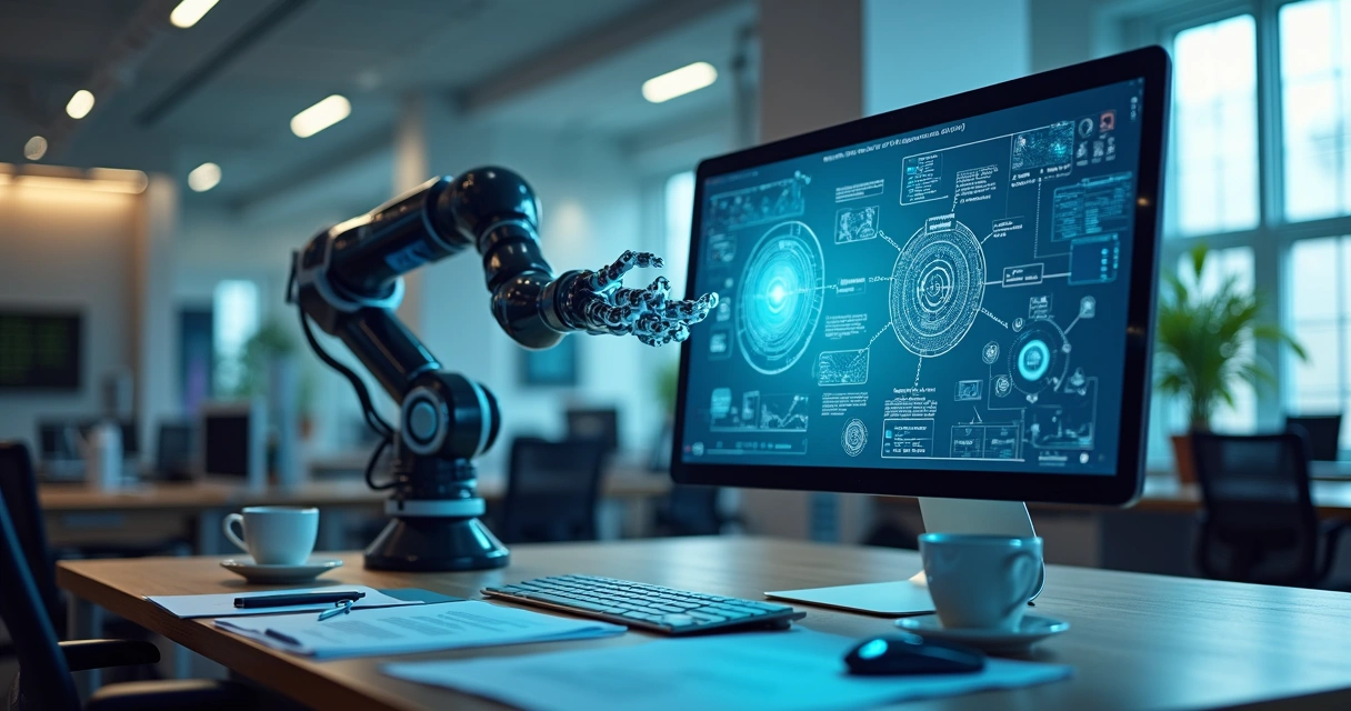 Ilustração de automação de processo empresarial com robô e computador integrado