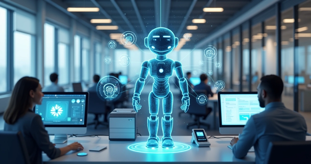 Robôs digitais conectando tarefas em escritório empresarial 