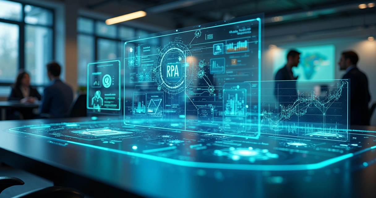 Tela digital mostrando gráficos, fluxogramas de processos empresariais e ícones de automação com inteligência artificial e RPA 