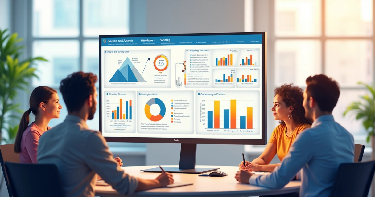 Equipe observando tela de computador com gráficos de automação corporativa 