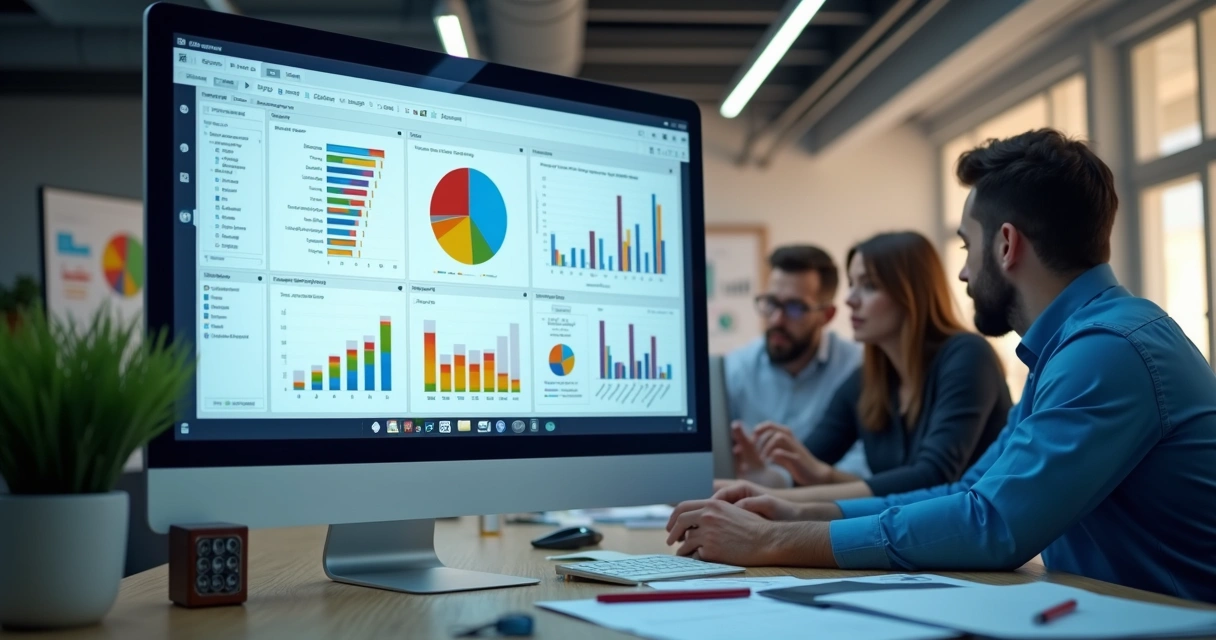 Tela de sistema ERP com gráficos de desempenho 