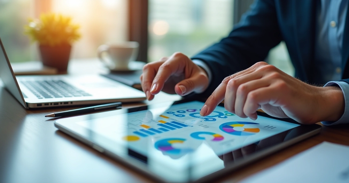 Mesa de escritório moderno com mãos interagindo em tablet mostrando gráficos de automação e processos empresariais 