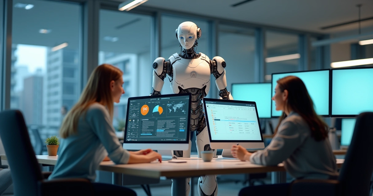 Robô em ambiente de escritório interagindo com funcionários humanos 