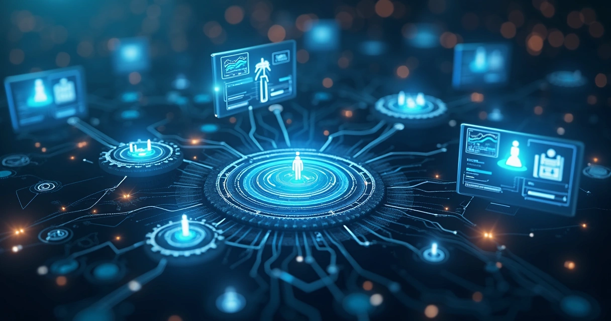Ilustrações de automação de processos com engrenagens e fluxos digitais 