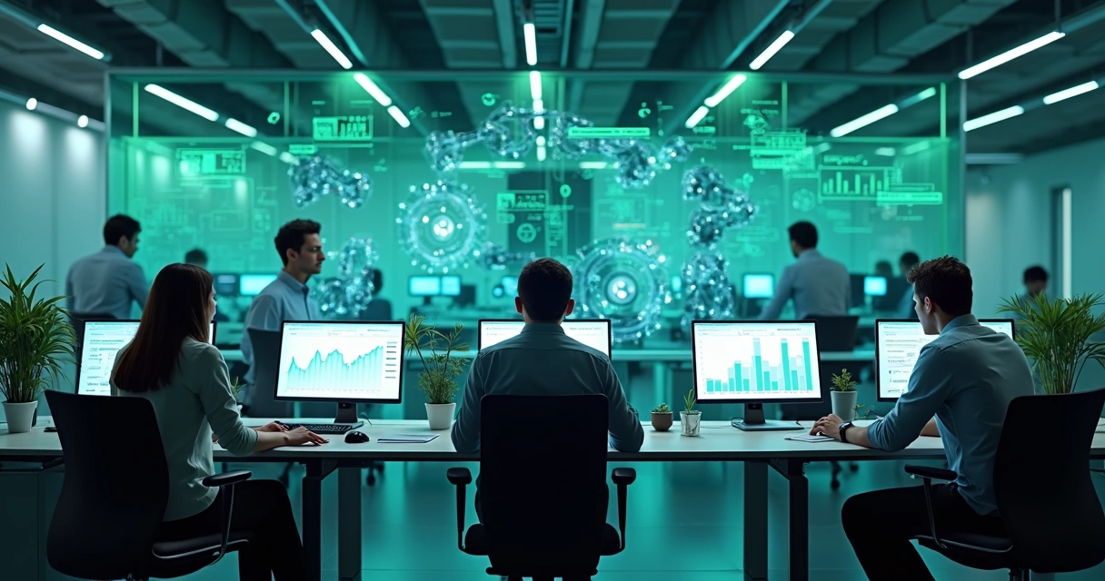Colaboradores em escritório com processos automatizados e gráficos de produtividade 