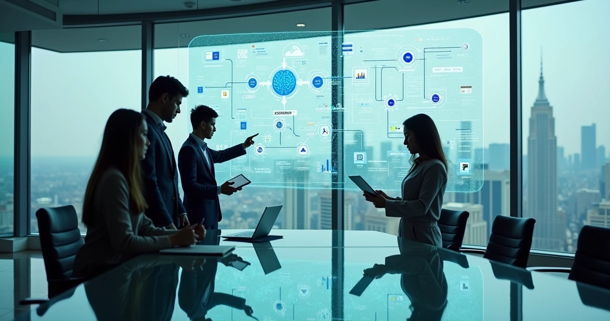 Executivos analisando painel digital com fluxos automatizados e ícones de processos empresariais 