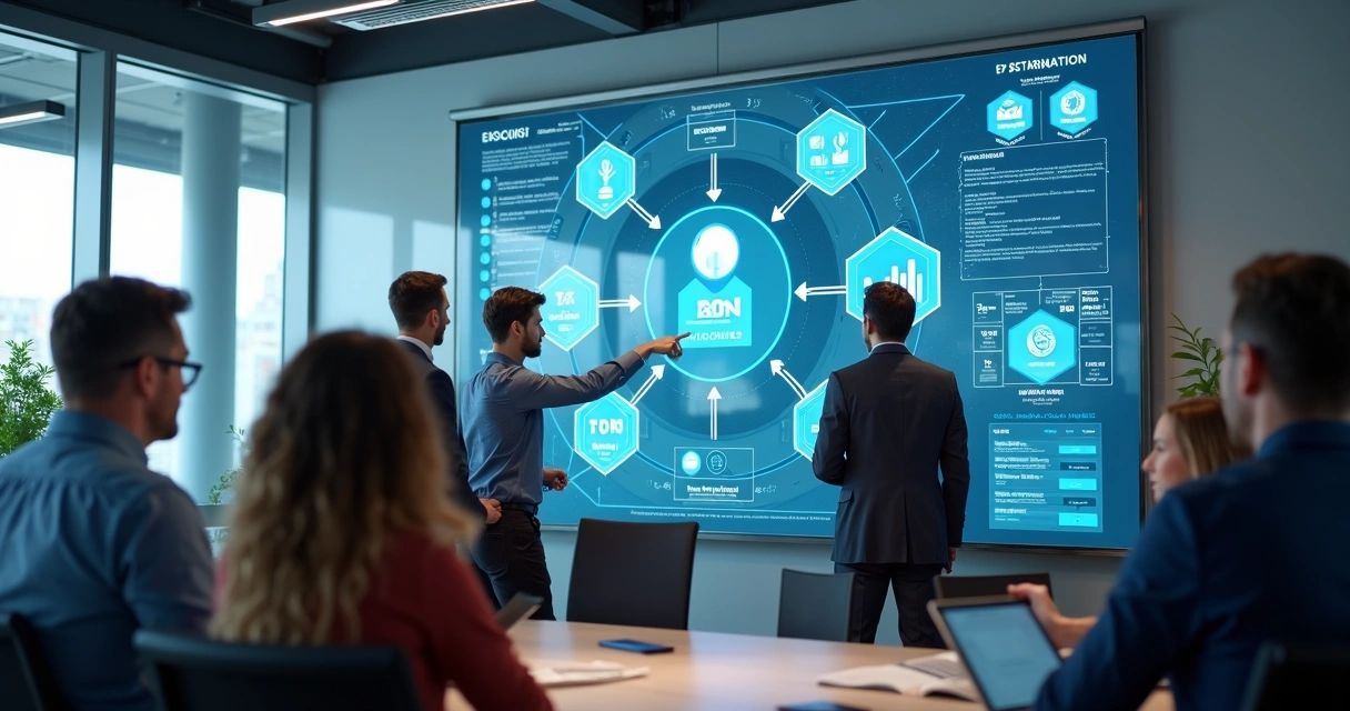 Equipe analisa painel digital com automações internas