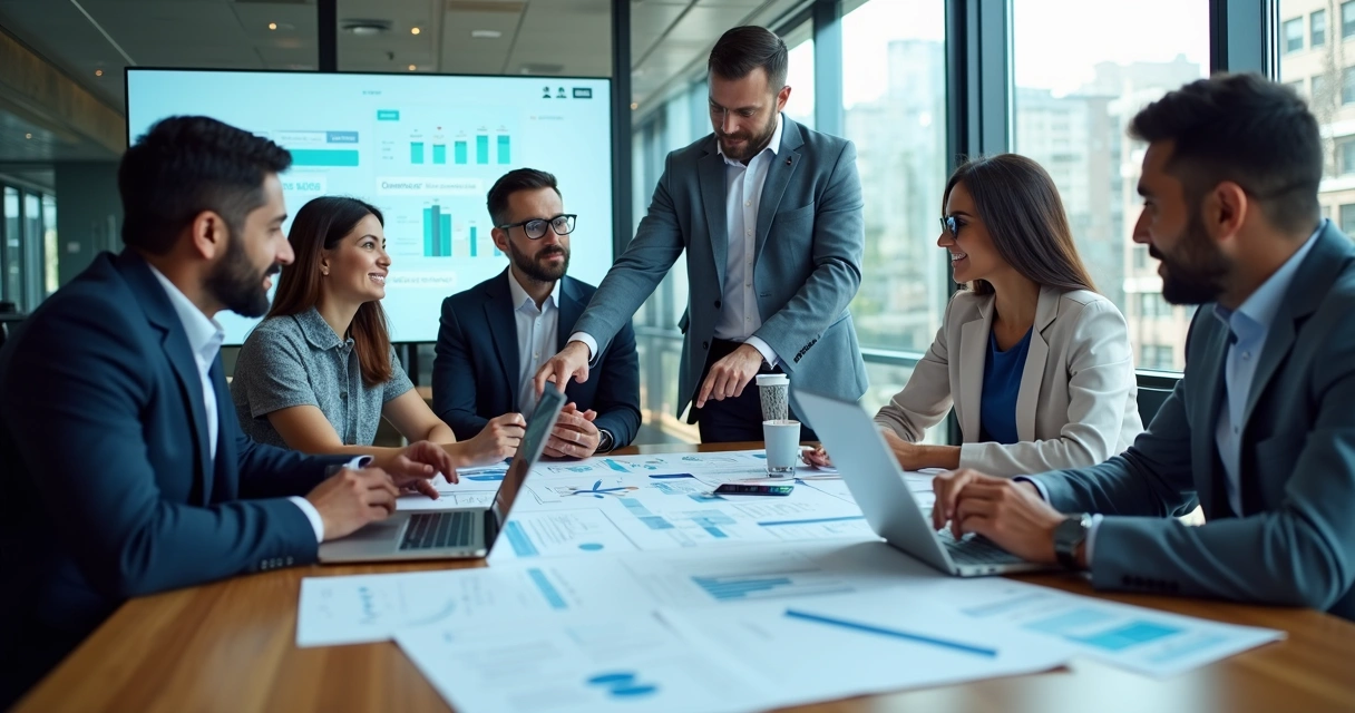 Equipe de pequenas empresas analisando fluxos de trabalho em mesa de escritório 