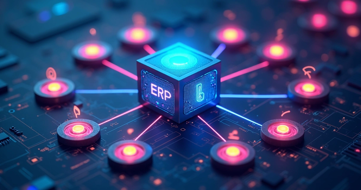 Fluxo automatizado entre ERP e agente de IA com conexões coloridas 