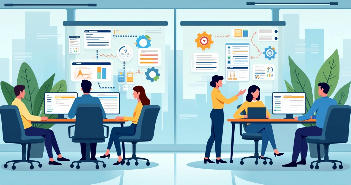 Fluxo de automação em escritório, mostrando computadores, documentos e engrenagens 