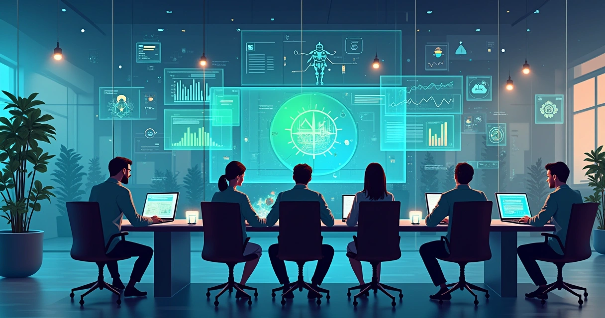 Ambiente de escritório moderno com profissionais usando tecnologia para automação, gráficos e telas brilhantes.