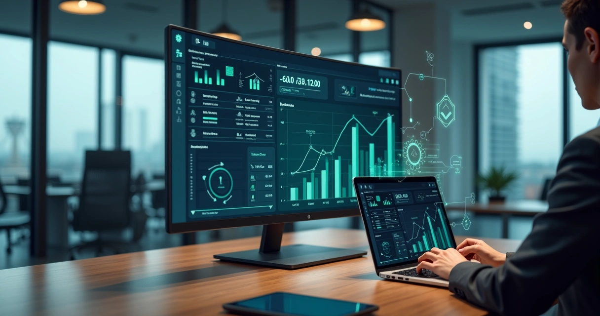 Profissional de finanças analisando painel digital com gráficos e automação de processos 