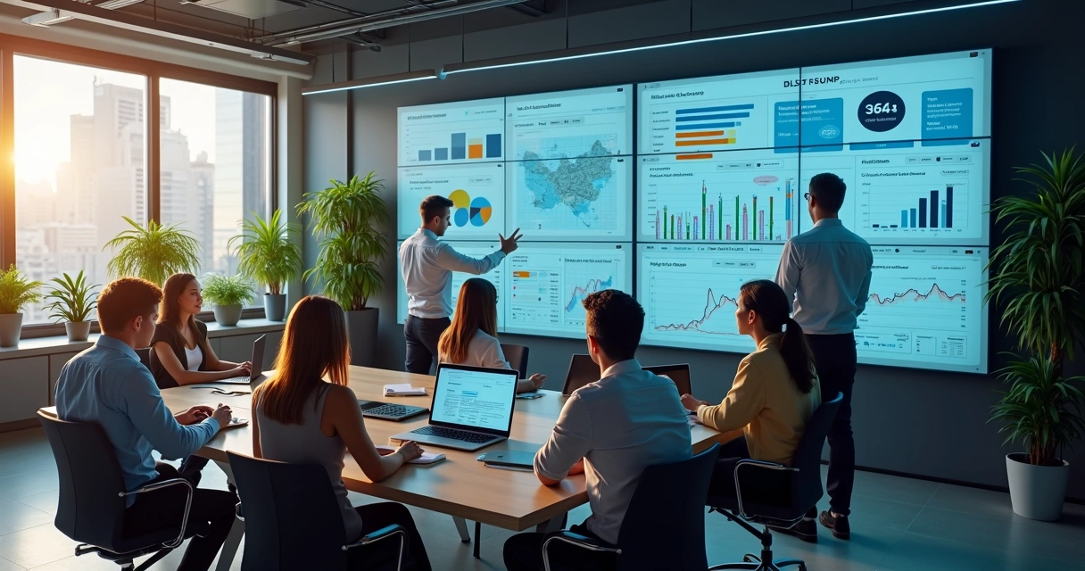 Colegas usando sistema de automação financeira em escritório, gráficos digitais em tela 