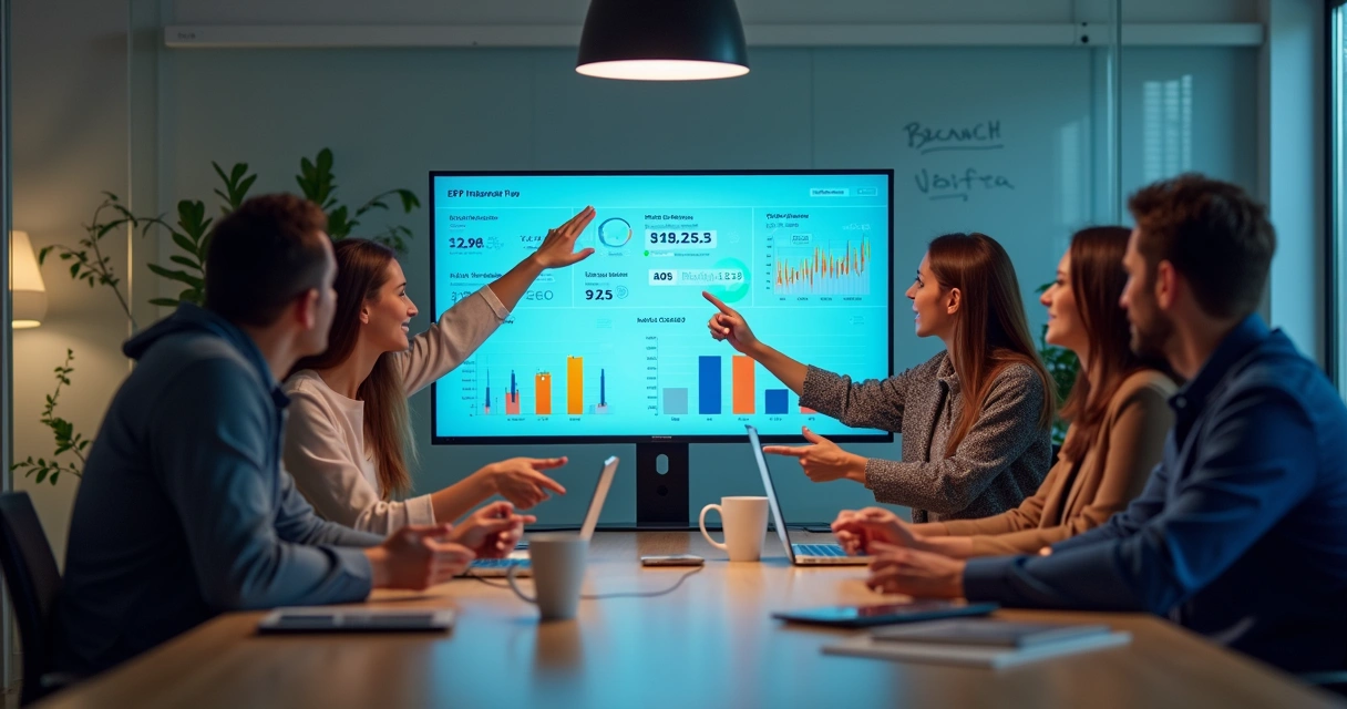 Equipe de trabalho analisando fluxo de caixa em tela de sistema integrado 