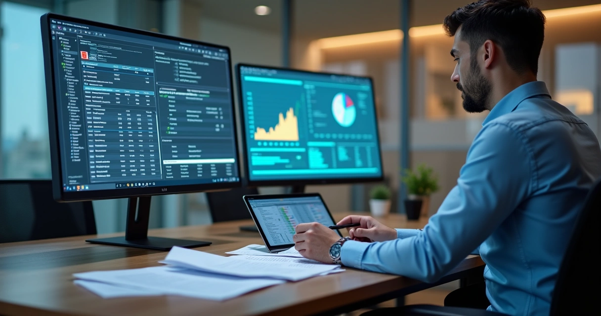 Pessoa usando computador com gráficos e documentos fiscais digitalizados na tela