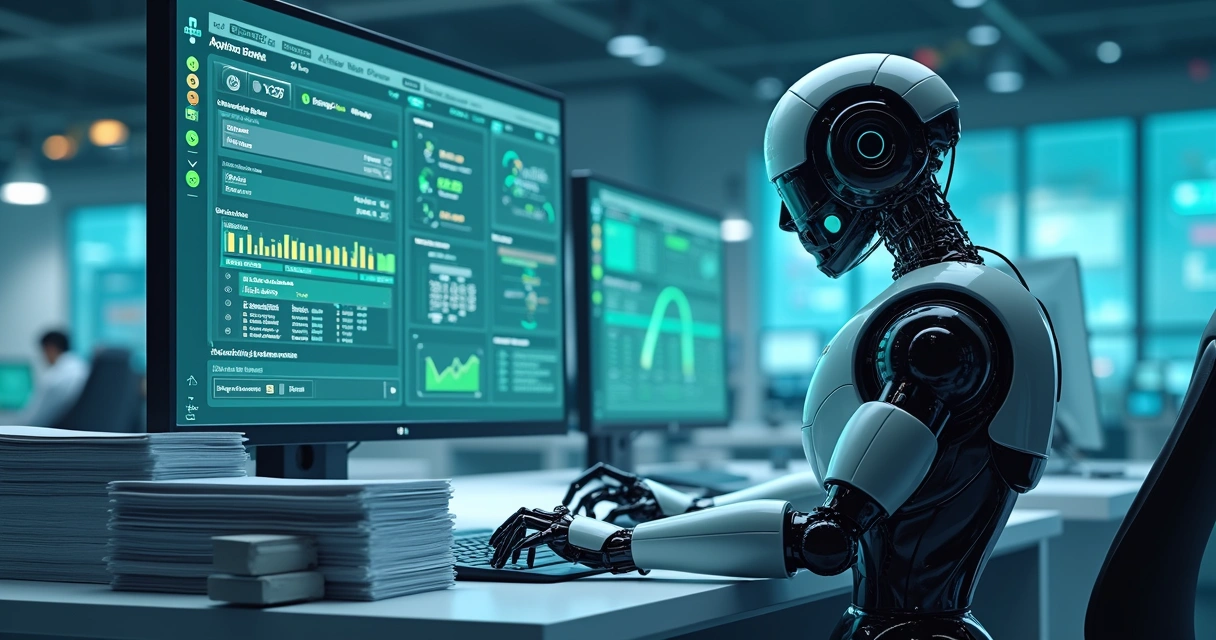 Interface de automação fiscal mostrando robô digital processando documentos digitais 