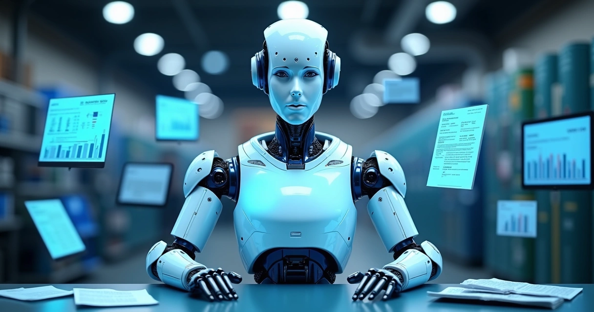 Robô digital simbolizando automação de processos em gráfica 