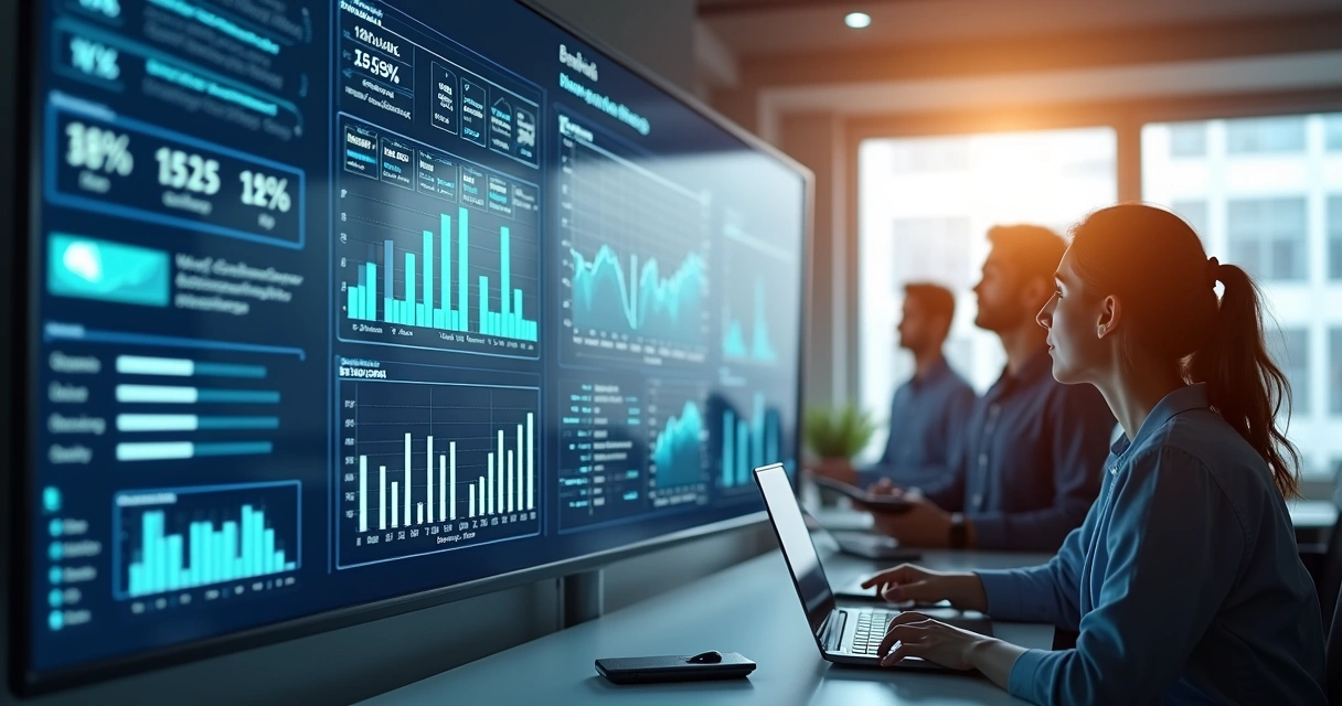Ambiente de escritório, equipe acompanhando painel de automação de processos com IA 