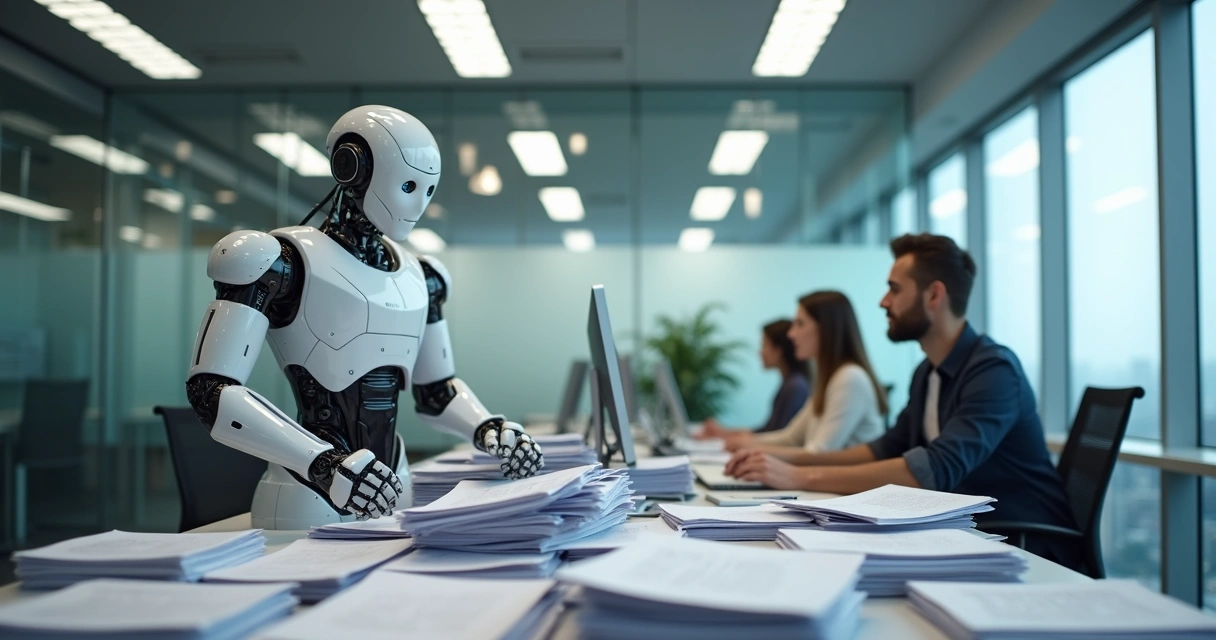 Robô manipulando documentos e computadores em escritório moderno 