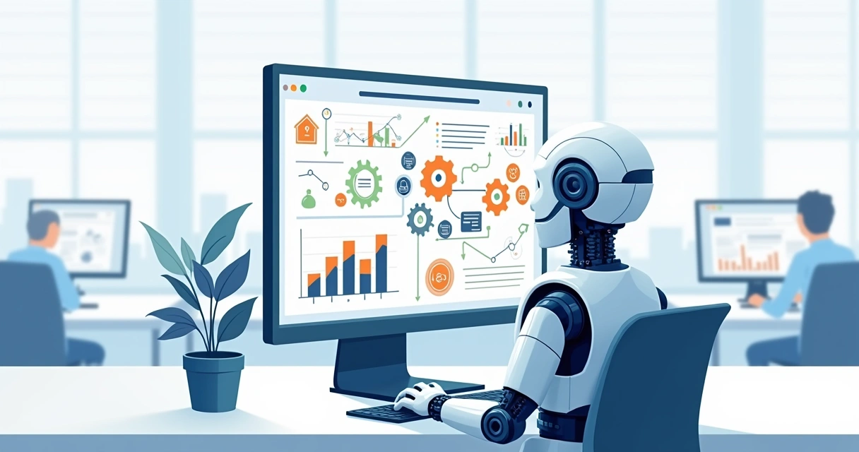 Robô digital interagindo com fluxo de automação digital em tela de computador 