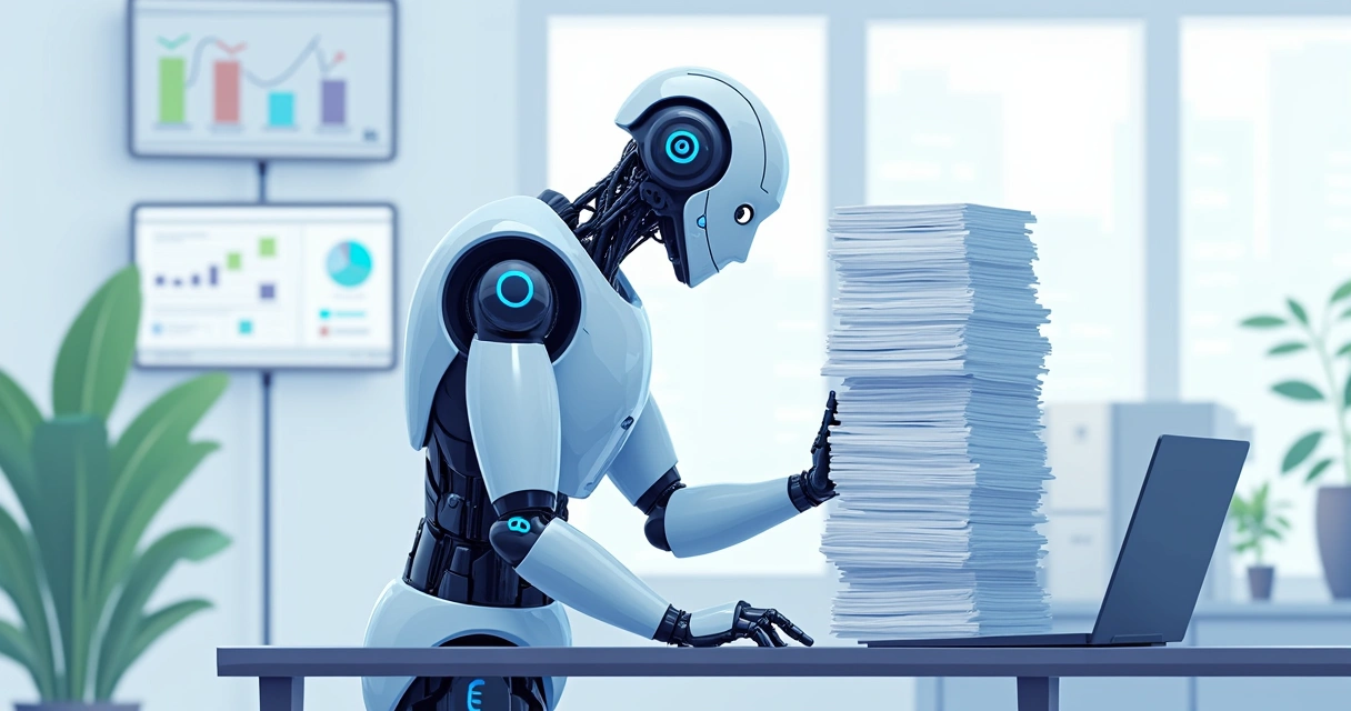 Robô digital organizando pilhas de documentos automatizados em escritório moderno 