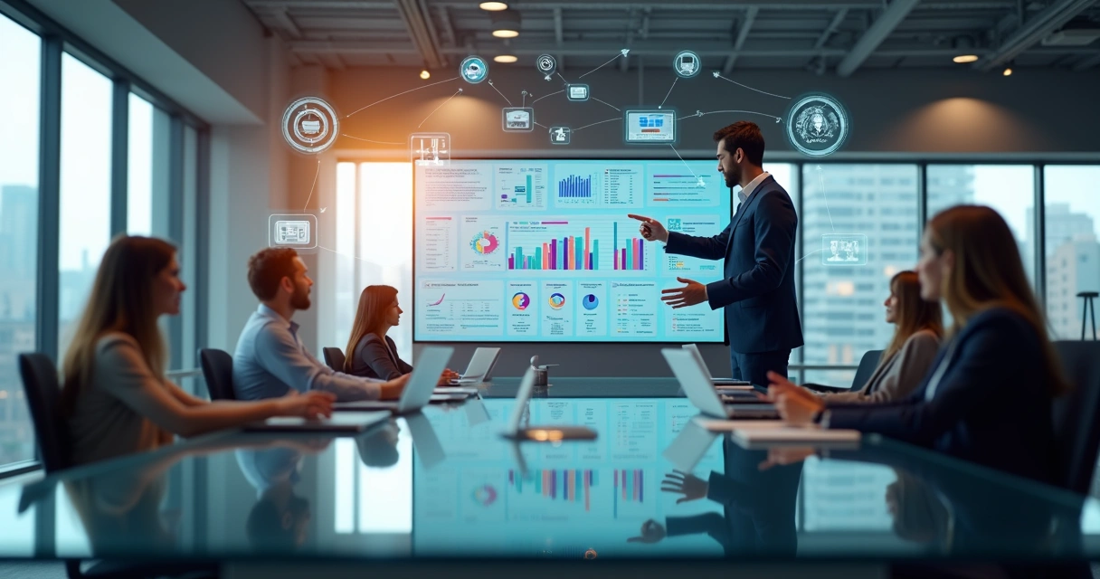 Gestor analisando painel digital com fluxos automatizados por IA em escritório moderno 
