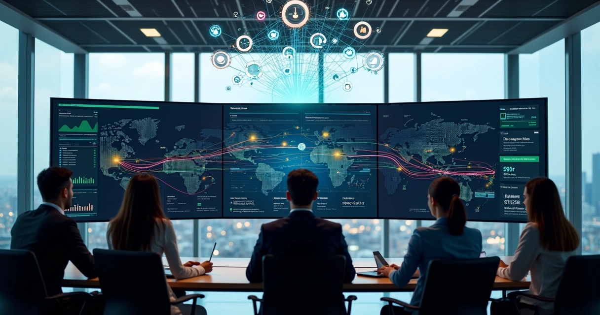 Equipe analisa painel digital com fluxos automatizados por inteligência artificial 