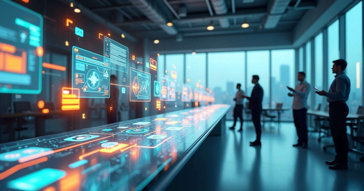Linha de produção digital com fluxos automatizados conectando telas e ícones de negócio 