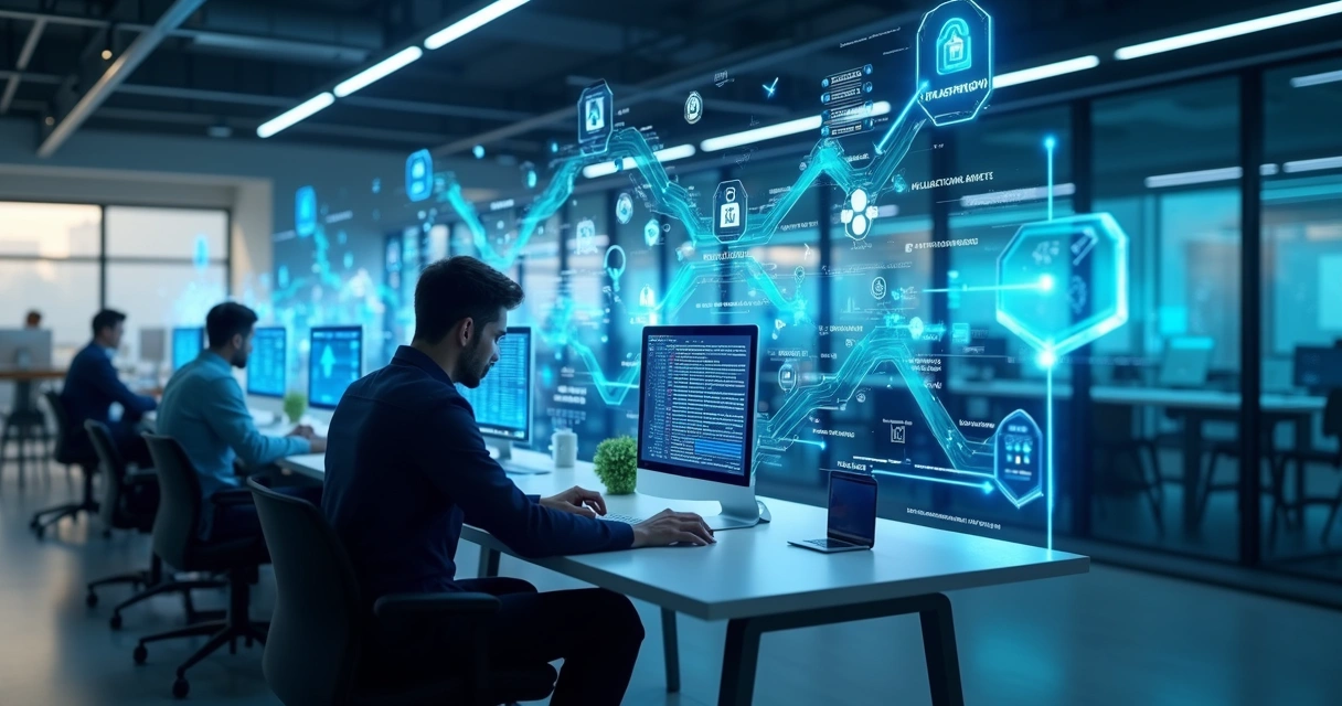 Painel digital com fluxos automatizados entre setores empresariais 