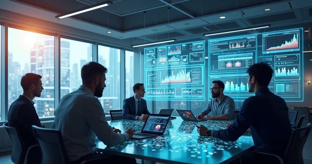 Sala corporativa com telas mostrando fluxos de automação e gráficos digitais, pessoas colaborando com notebooks e dispositivos móveis, ambiente moderno com iluminação natural 